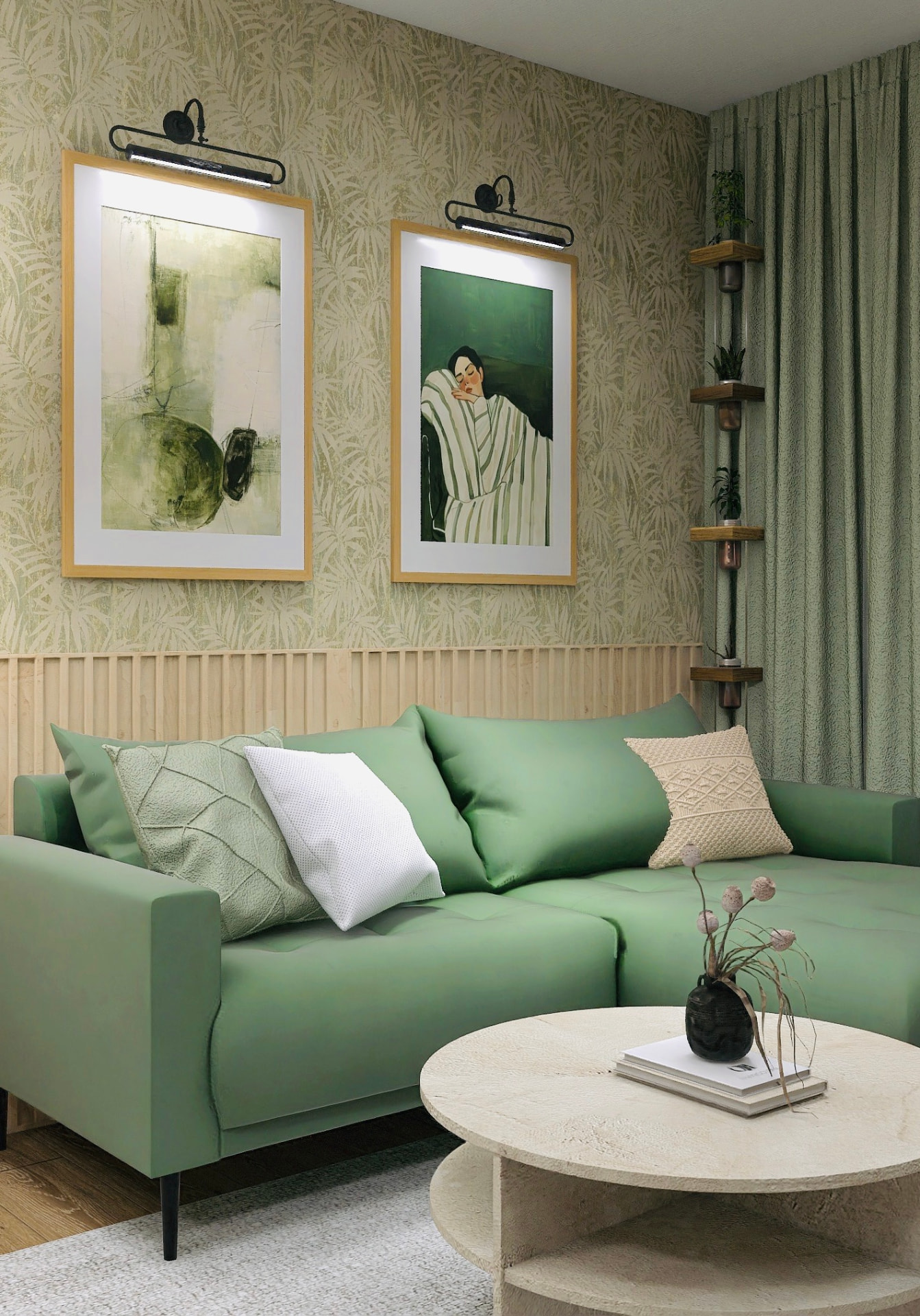 Grünes Sofa mit Kissen in Creme und Salbei unter zwei gerahmten Kunstdrucken