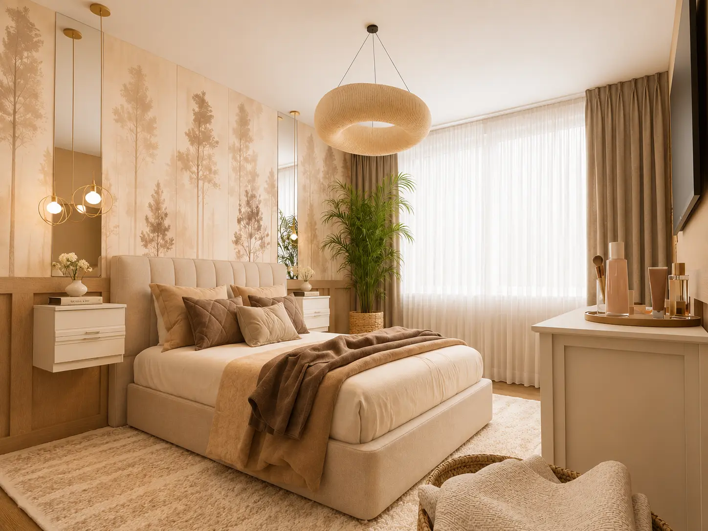 Bett mit Samtkissen in Sand und Taupe vor beiger Waldtapete