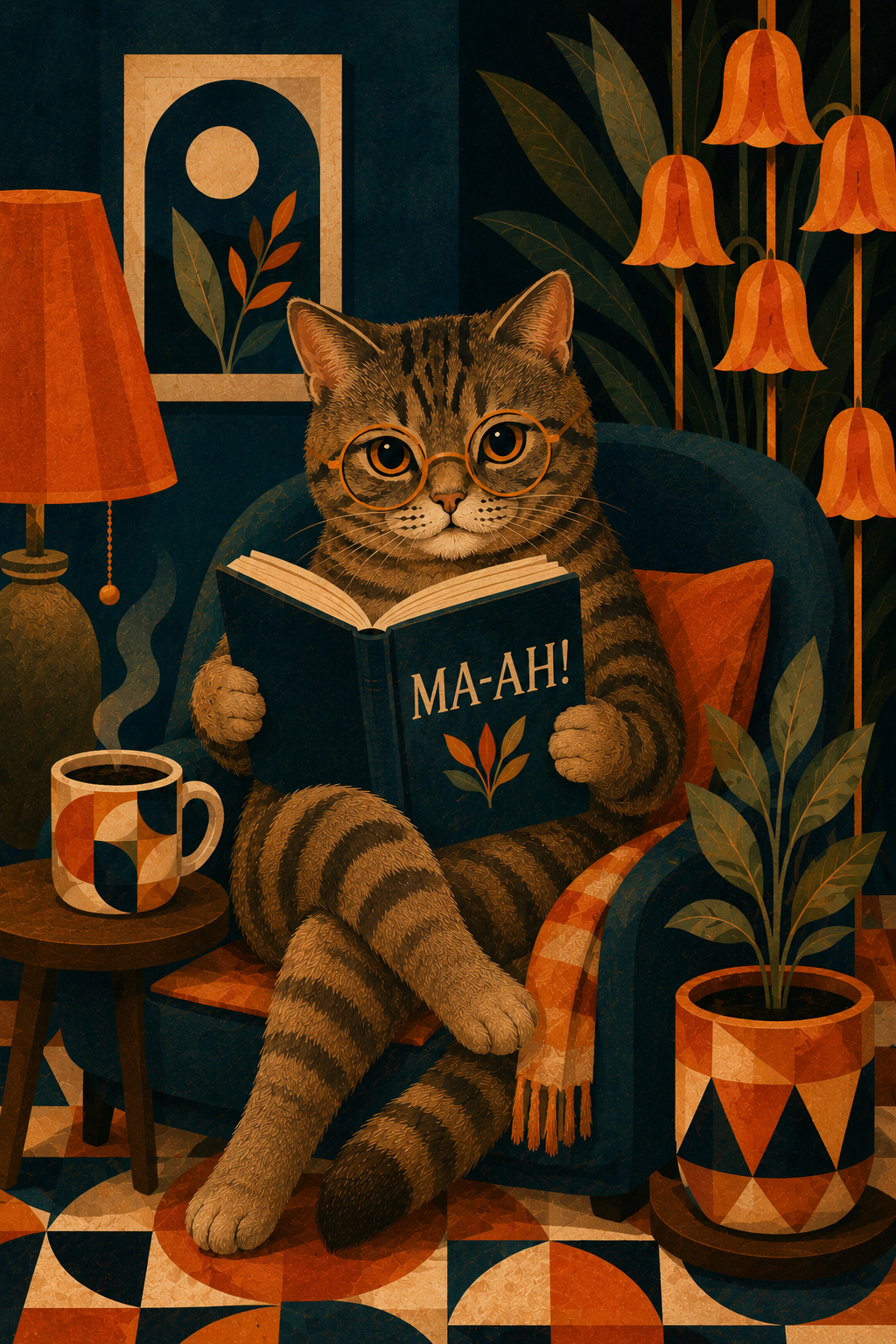 „Lesende Katze mit Brille“ Poster – Retro Kunstdruck