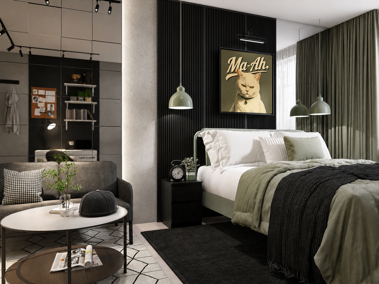 Schlaf- und Wohnbereich mit Sofa, Couchtisch und Spiegelwand