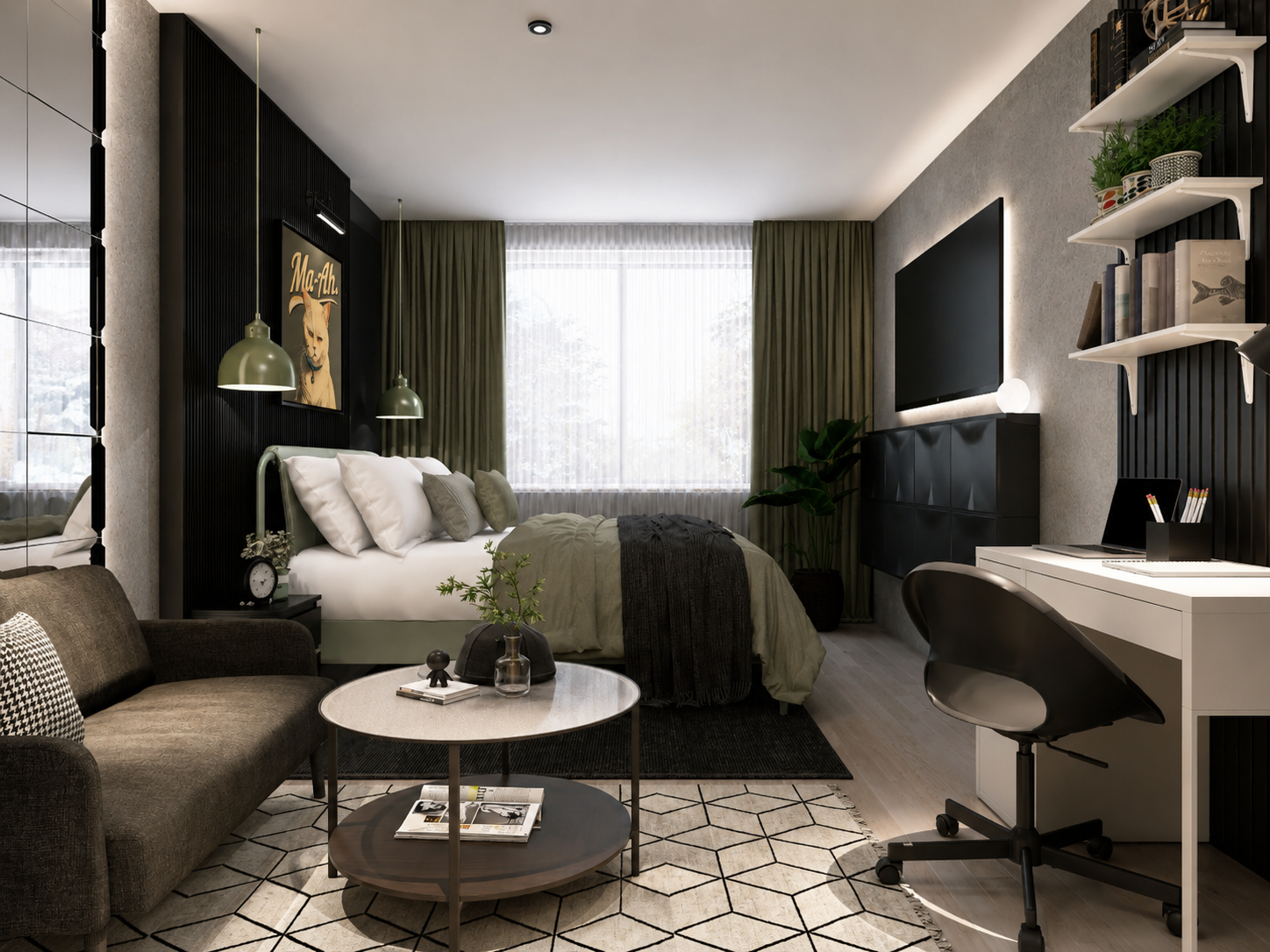 Gesamtansicht des WG-Zimmers mit Bett, Sofa-Ecke und Schreibtisch