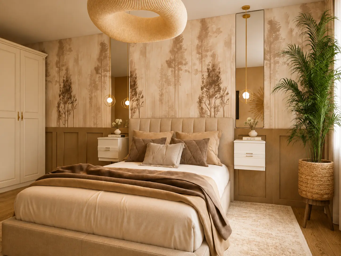 Schlafzimmer mit Waldtapete, gepolstertem Kopfteil und goldenen Pendelleuchten