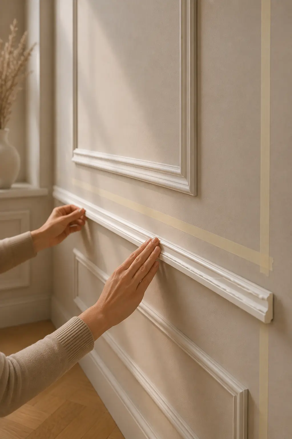 Weiße Leiste wird an einer warmen Greige-Wand ausgerichtet und angedrückt