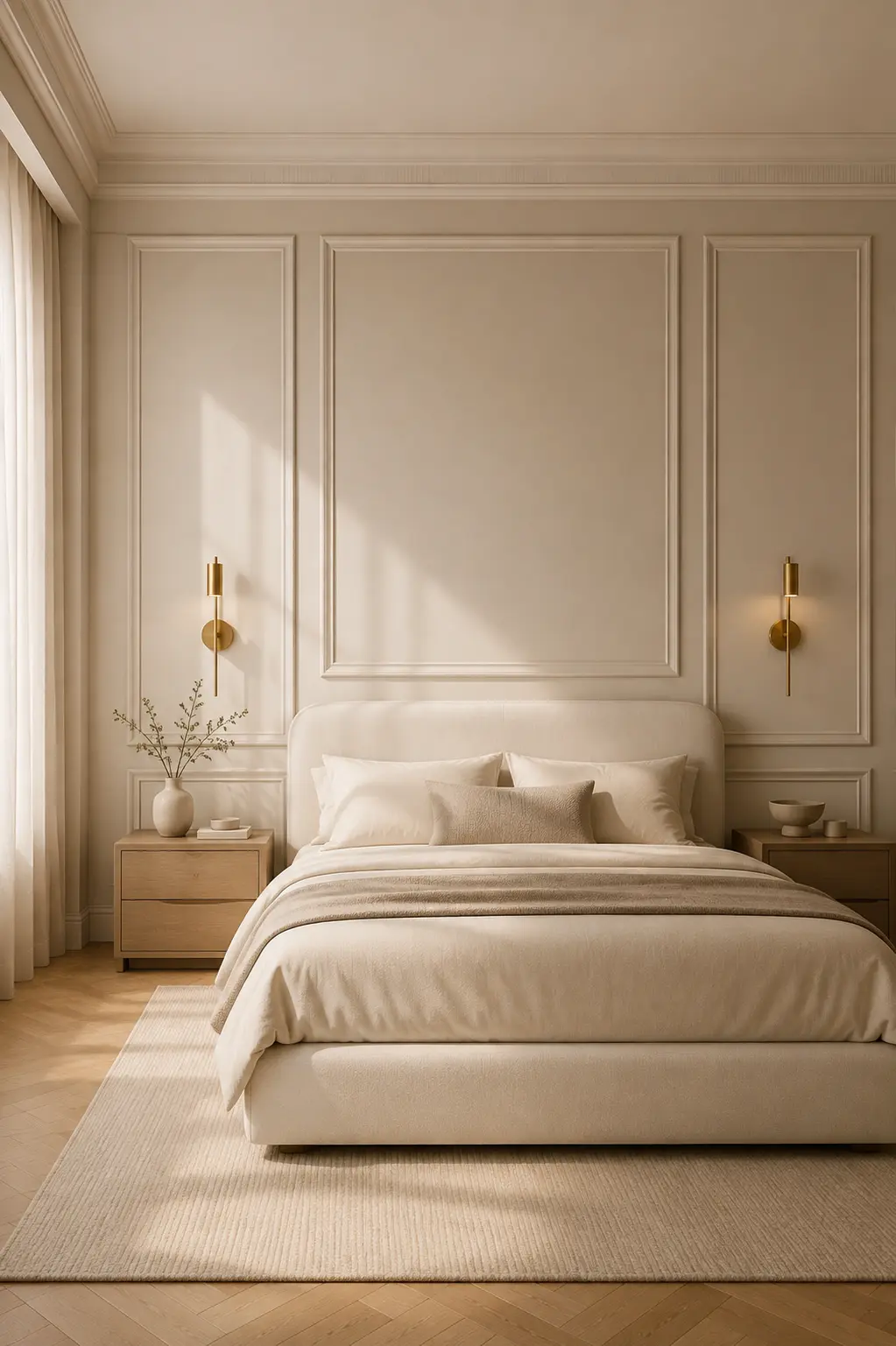 Schlafzimmer mit klassischer rechteckiger Wandkassettierung in Creme