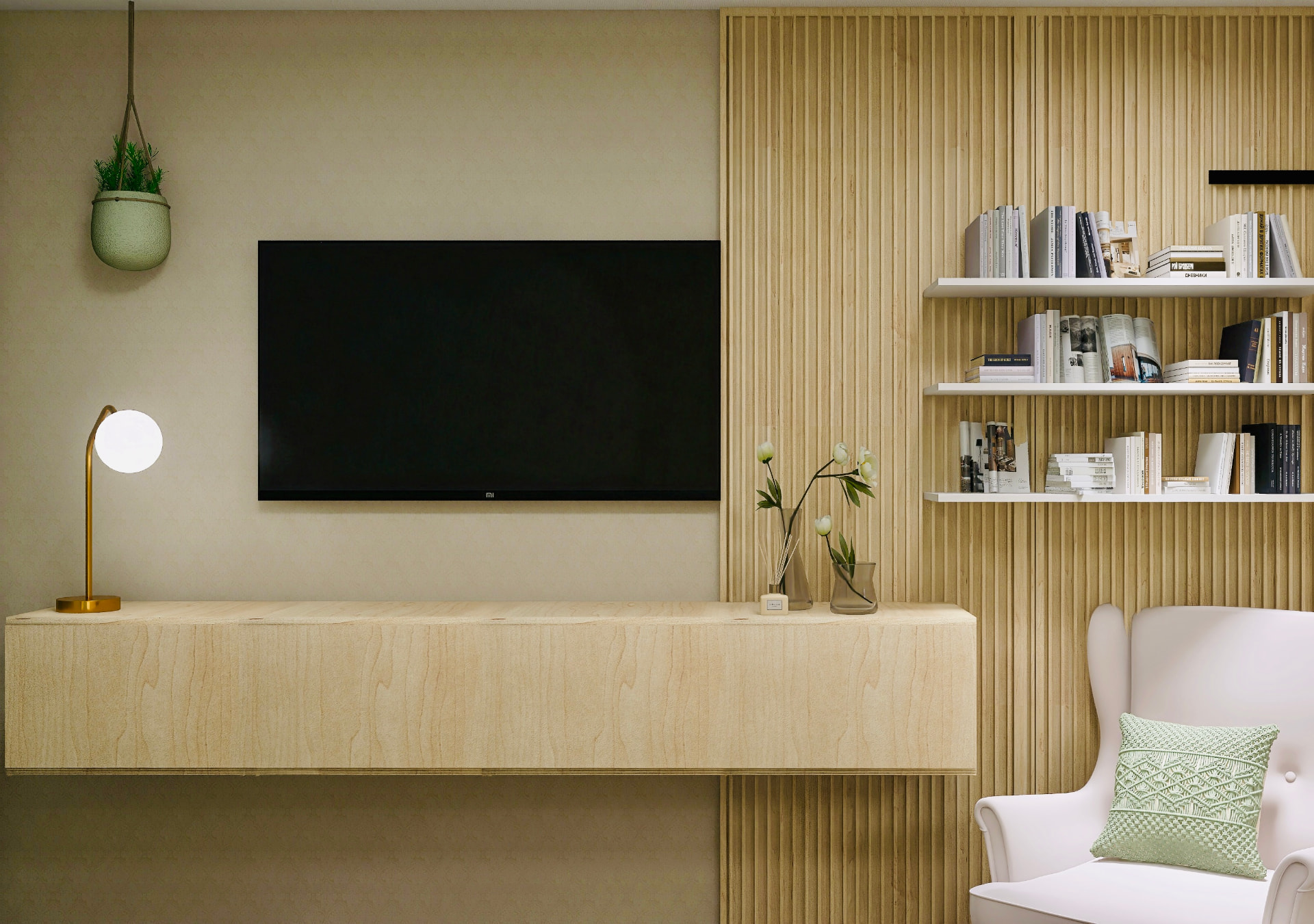Wohnbereich mit heller Holzlamellenwand, schwebendem Sideboard und Bücherregalen