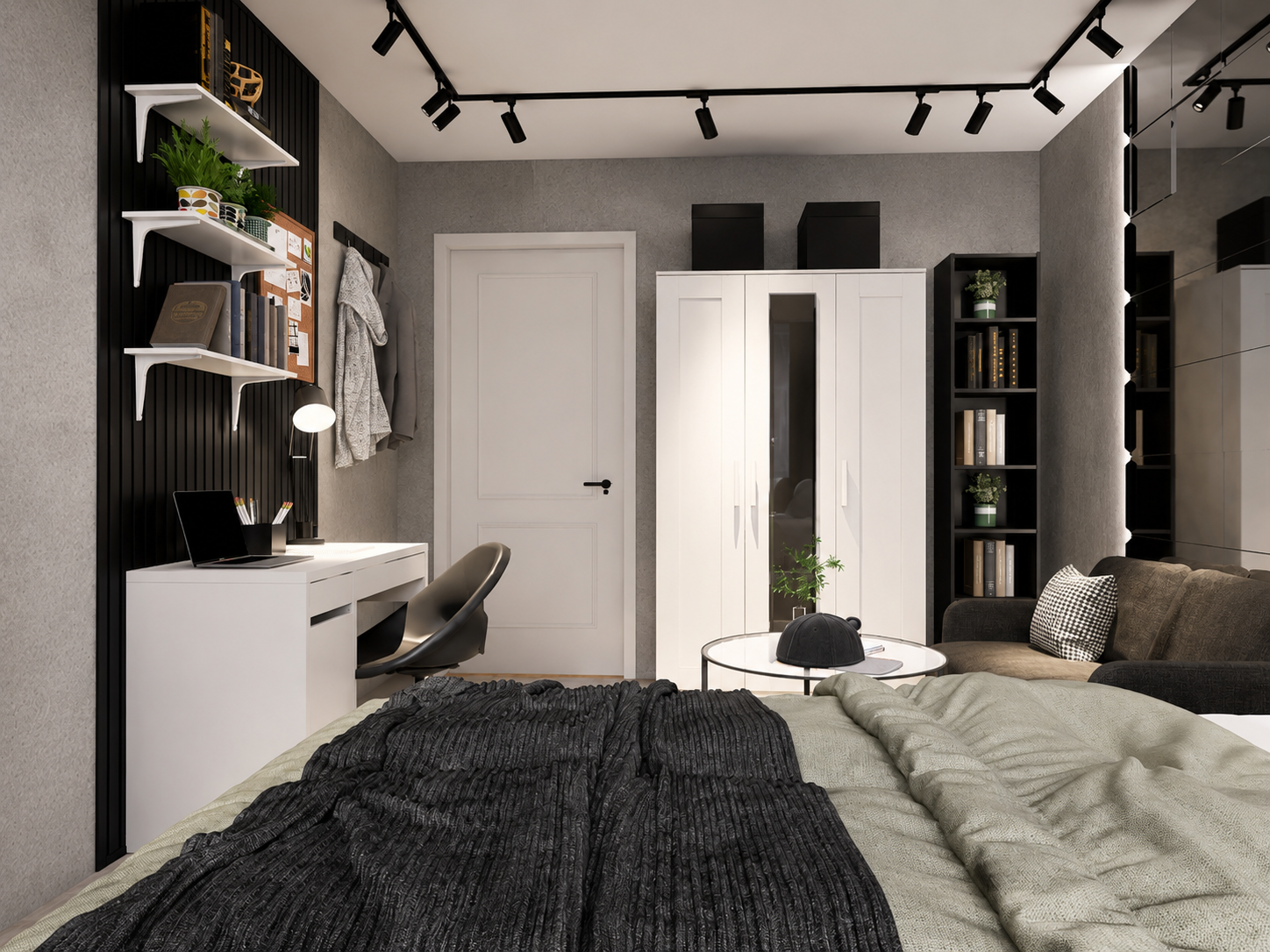Blick vom Bett auf Schreibtisch, Kleiderschrank und Sofa