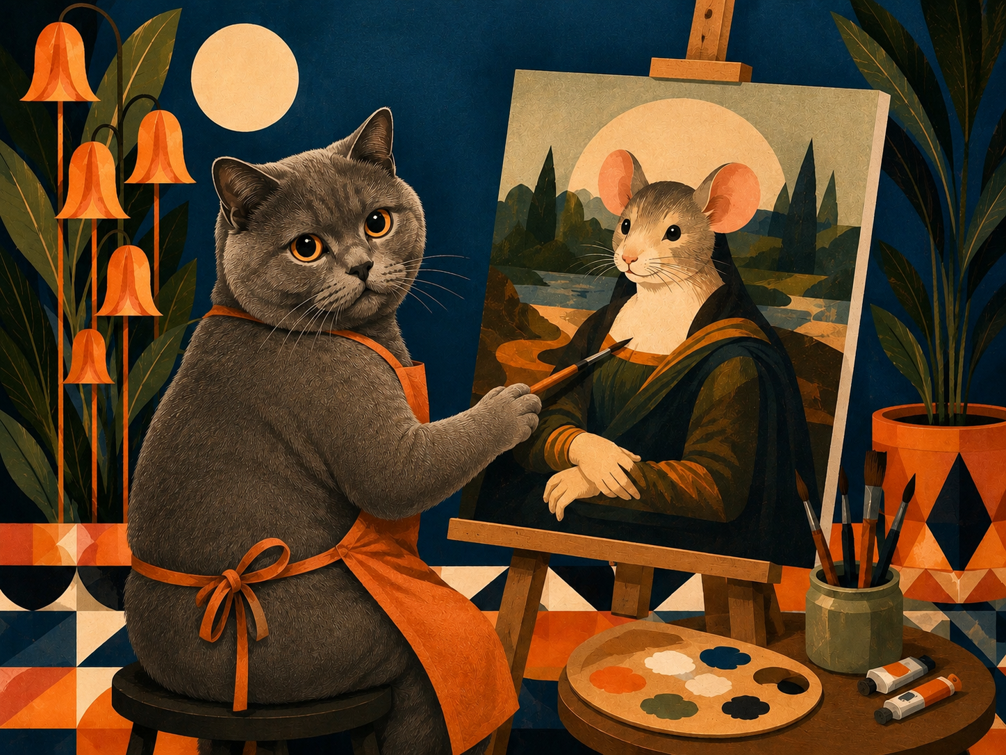 „Malende Katze“ Poster – Künstler-Katze mit Mona-Lisa-Maus