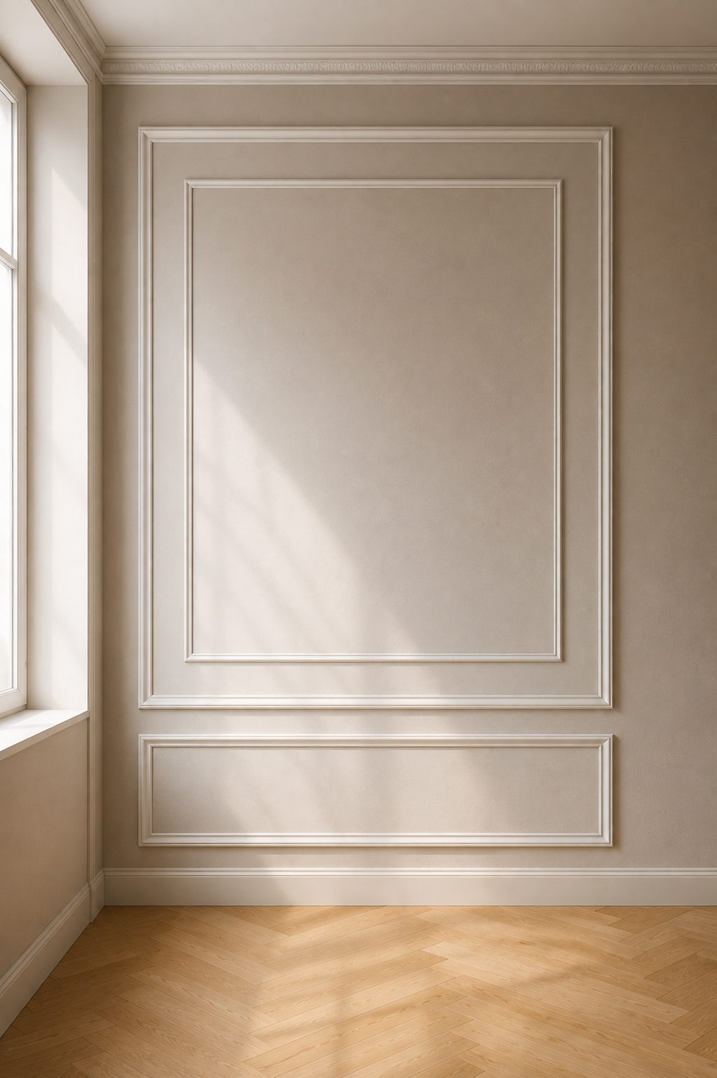 Fertig gestaltete Wand mit eleganter Kassettierung in Ton-in-Ton-Farbe