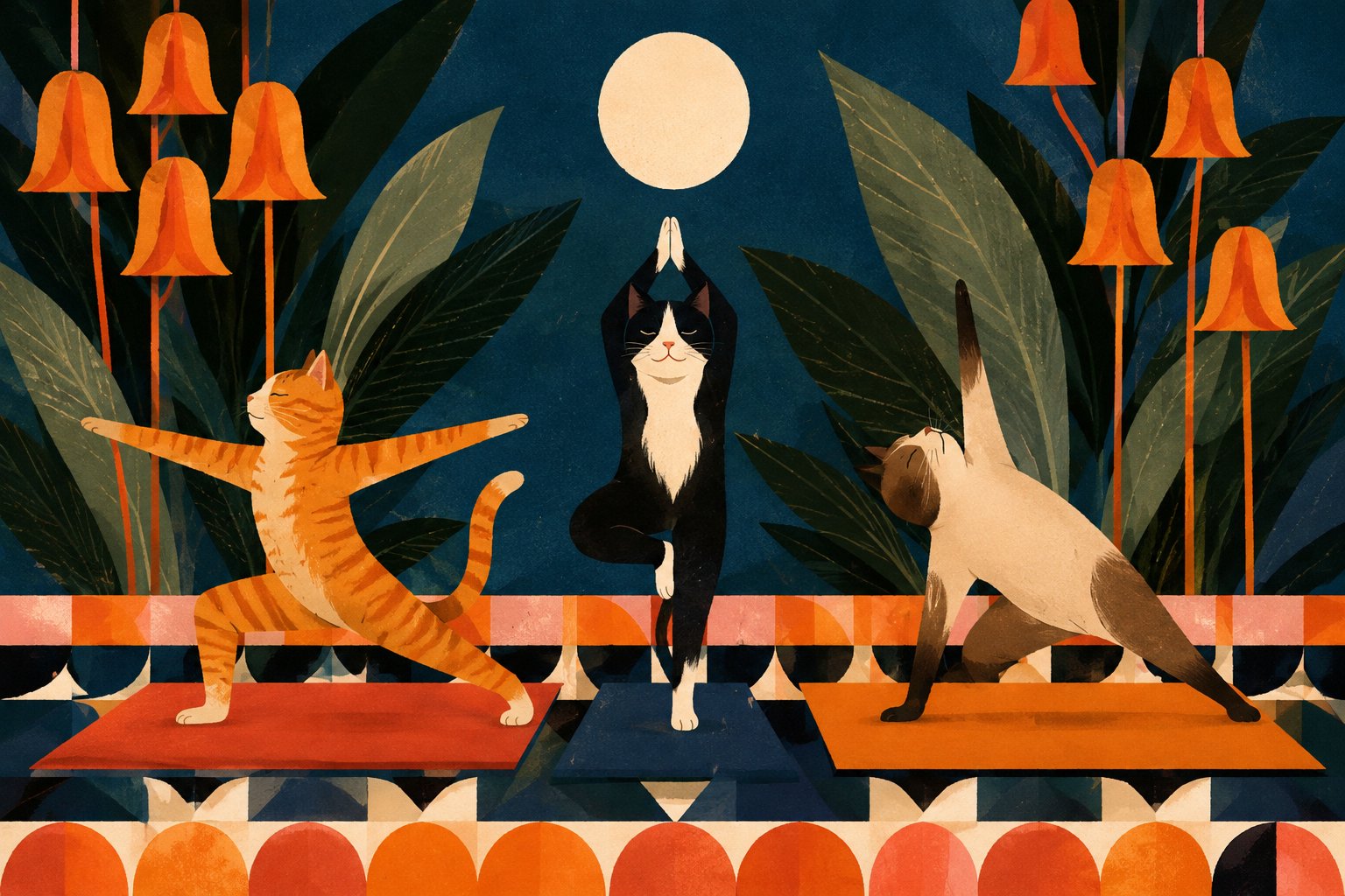 „Yoga Katzen“ Poster – Meditation Kunstdruck Retro