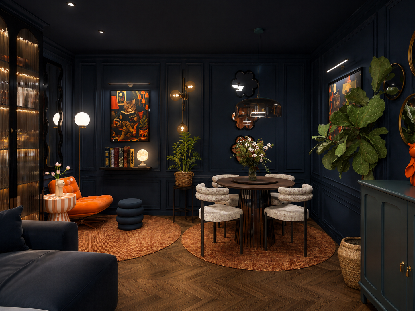 Blick in den Raum mit beleuchteter Vitrine, orangem Loungechair und Esstisch