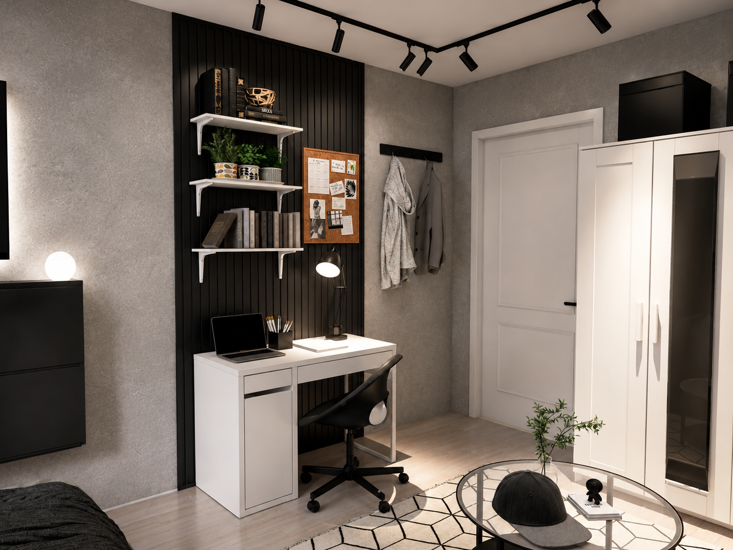 Arbeitsplatz mit weißem Schreibtisch, schwarzer Lamellenwand und Regalen