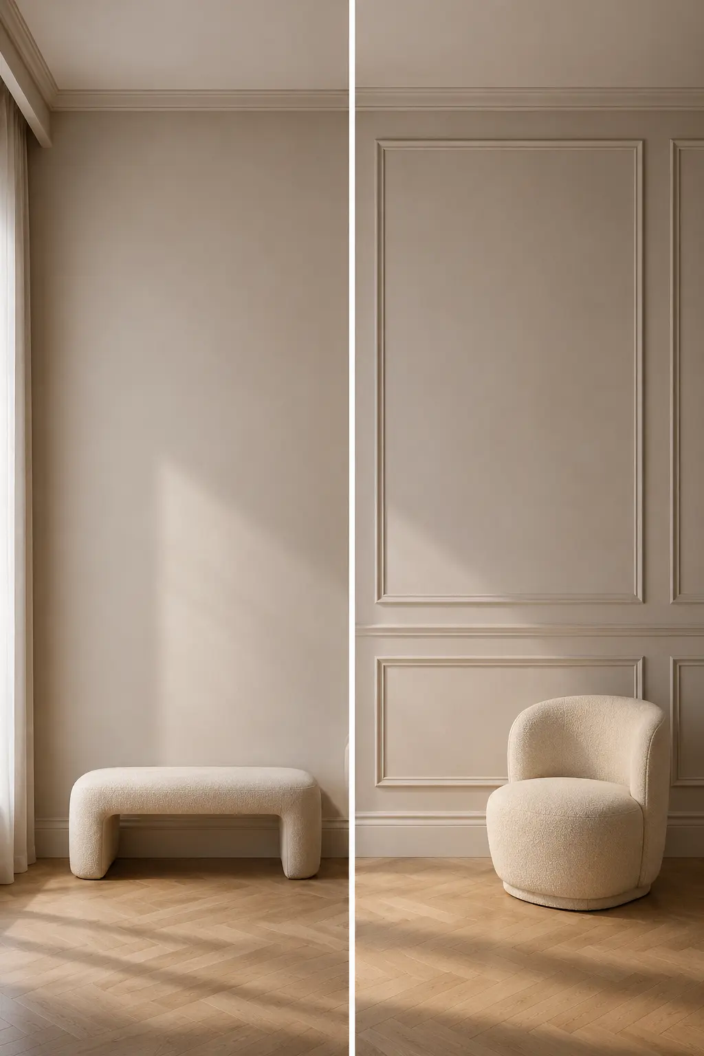 Heller Raum im Vorher-Nachher-Vergleich: links schlichte Wand mit Bank, rechts Wand mit Stuckleisten und Sessel