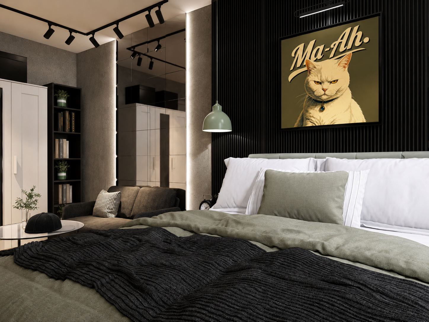 Schlafbereich mit Katzenposter, grünen Pendelleuchten und Bett