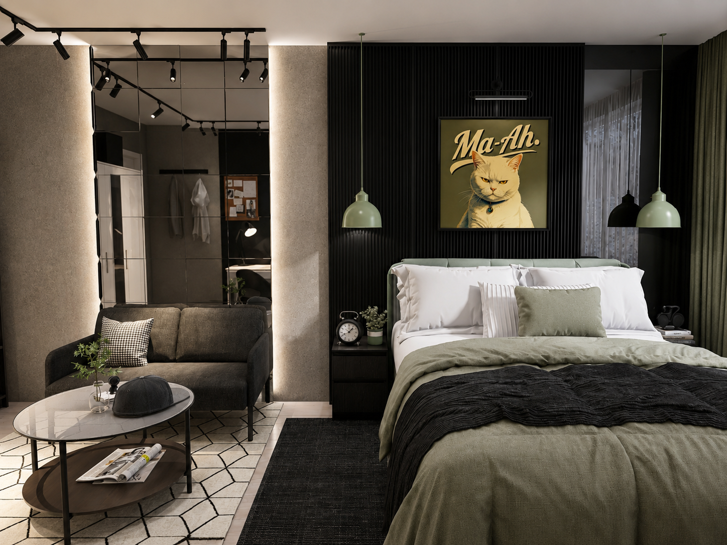 Warm beleuchteter Abendblick auf Bett, Sofa und Spiegelwand