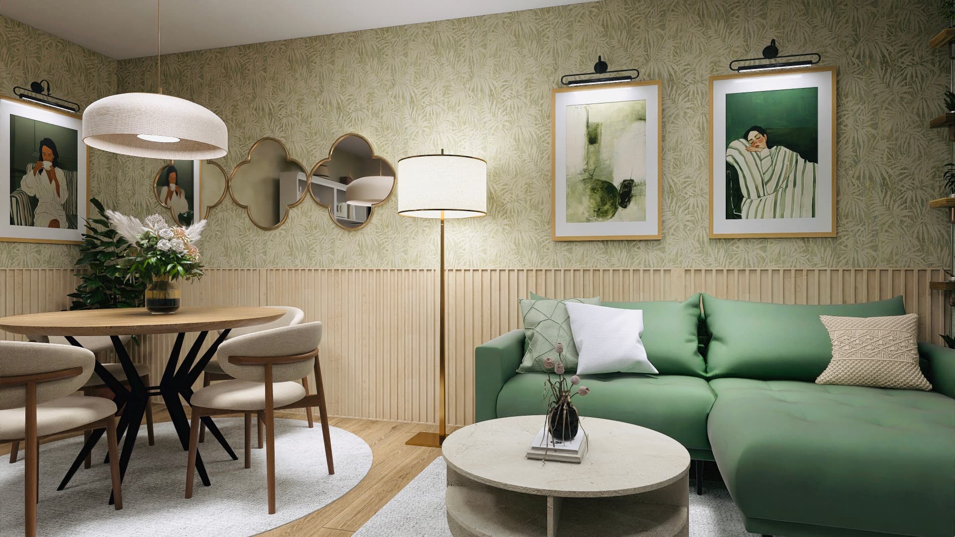 Blick über Esstisch und grünes Sofa mit Kunst und goldenen Kleeblattspiegeln
